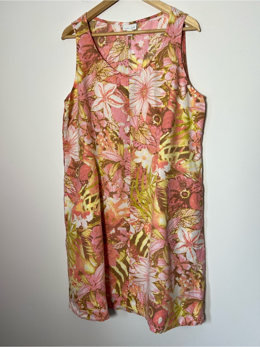 J. Jill Love Linen Sleeveless Tropical Floral Tank Shift Dress Pockets Summer